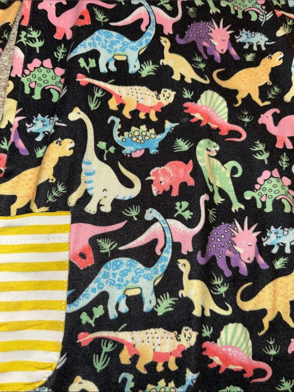 Girls Dinosaur Print Dress with Yellow Stripe Pockets